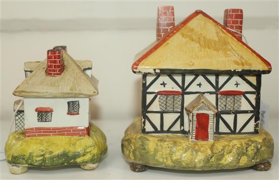 Two Staffordshire pearlware cottage pastille burners and covers, c.1820, height 8.5 - 11.5cm, largest with repairs